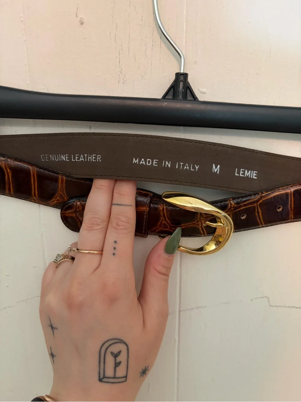 Brown Croc-Embossed Italian Leather Belt with Gold Buckle